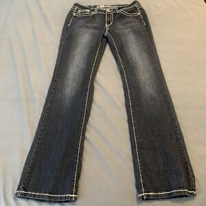 Miss Chic Jeans Juniors 9 Blue Dark Wash Low Rise Bootcut Rhinestone Embroidered